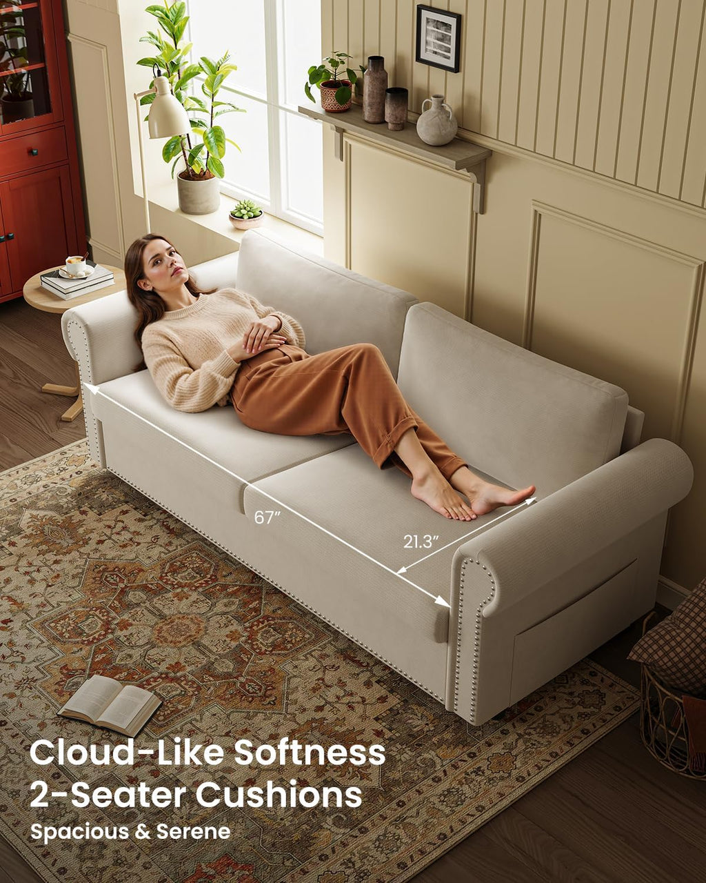 Queen Pull Out Sofa Bed | 83' Large Sleeper Sofa with Queen Size Mattress | 2-in-1 Convertible Loveseat Sofa-Bed with USB Ports Side Pockets Ivory White
