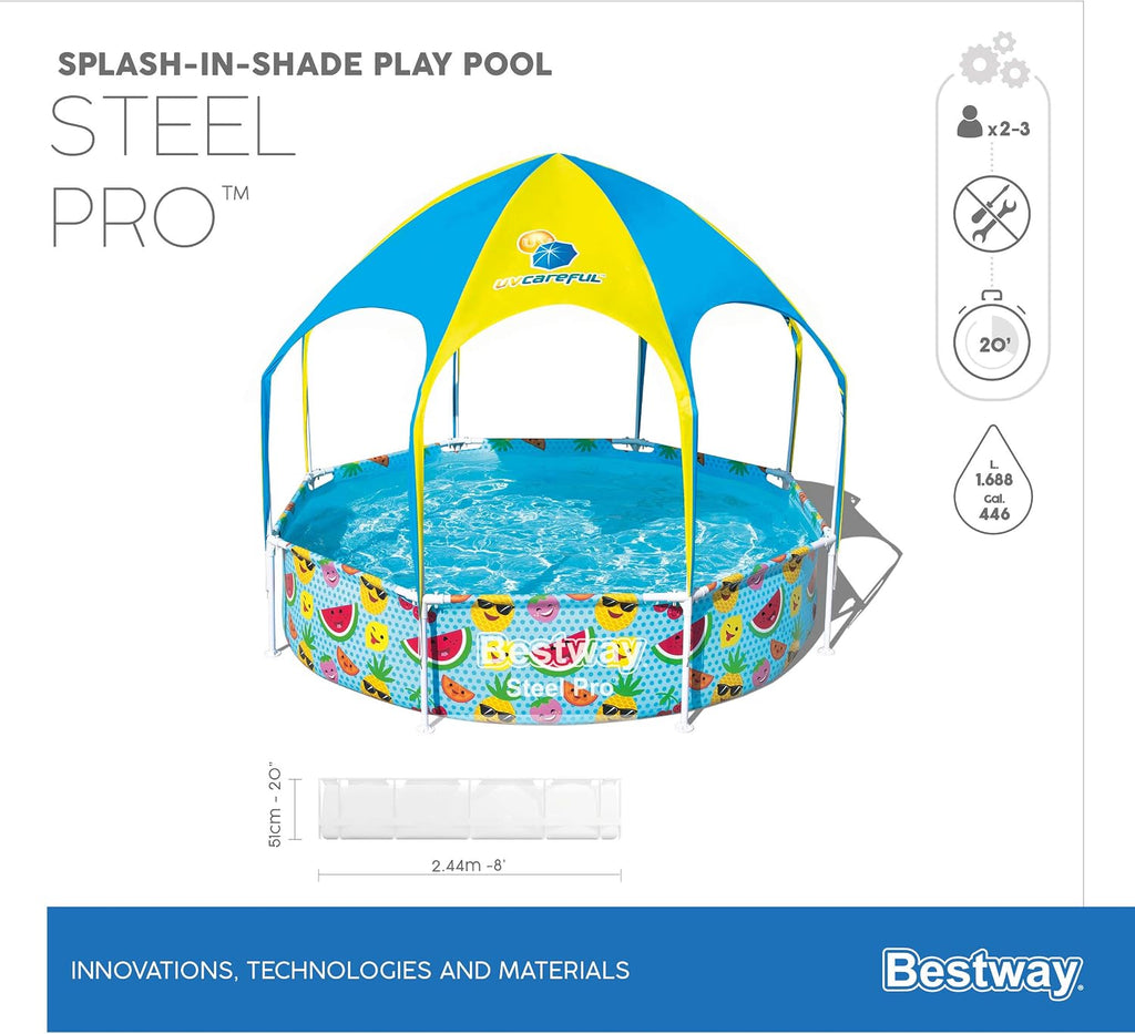 H2OGO! Kids Splash-in-Shade 8-Foot Round Steel Frame Above Ground Pool with Water Mister and Canopy Sunshade, Green Tropical Leaf Print