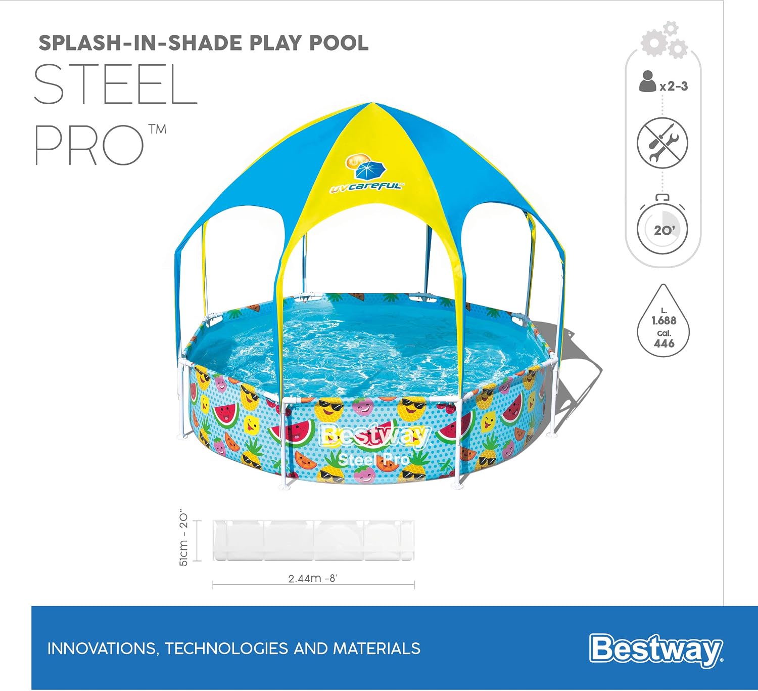H2OGO! Kids Splash-in-Shade 8-Foot Round Steel Frame Above Ground Pool with Water Mister and Canopy Sunshade, Green Tropical Leaf Print