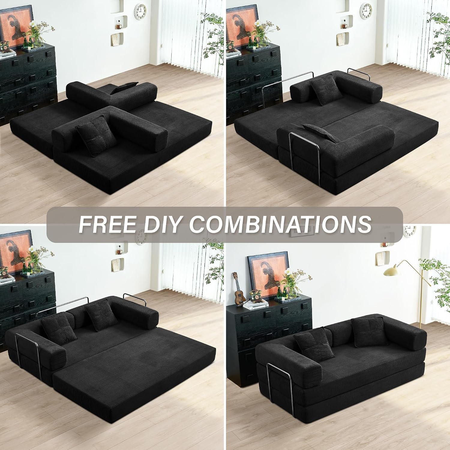YINIX Foldable Sofa Bed, 78'' Folding Floor Couch, Compressed Convertable Sleeper Sofa, Memory Foam Couch with Pillow Back Support Armrest, 4-in-1 Futon Sofa Bed for Living Room, Black