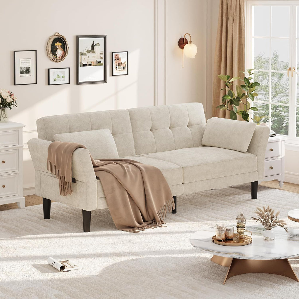 Garvee 89' Futon Sofa Bed, Modern Futon Couch Bed with Adjustable Backrest & Armrest, Comfy Convertible Sleeper Couch for Living Room Bedroom Apartments, Beige