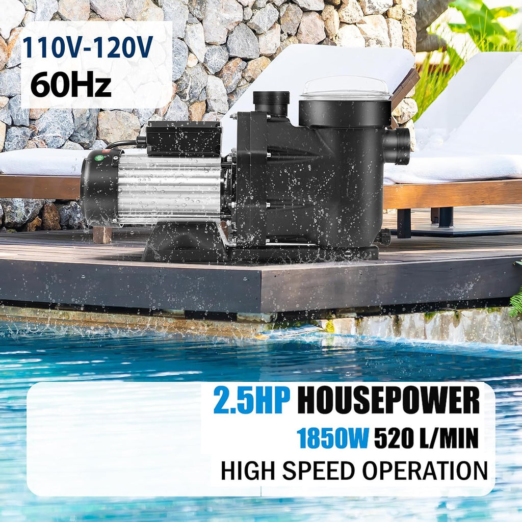 Leomru 2.5 HP Pool Pump 8880 GPH Self Priming in/Above Ground Swimming Pool Pump 110V Single Speed Pumps with Strainer Basket 4Pcs Connectors