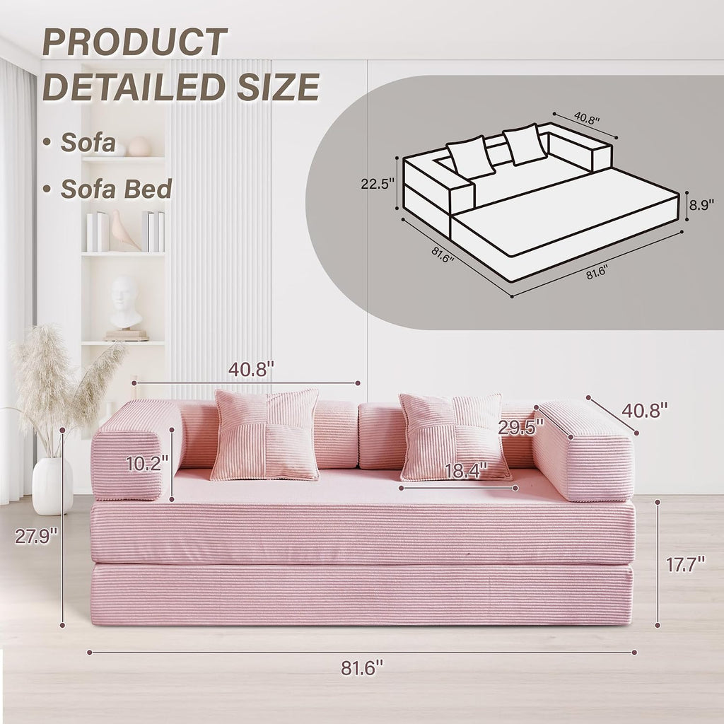 YINIX Foldable Sofa Bed, 78'' Folding Floor Couch, Compressed Convertable Sleeper Sofa, Memory Foam Couch with Pillow Back Support Armrest, 4-in-1 Futon Sofa Bed for Living Room, Pink