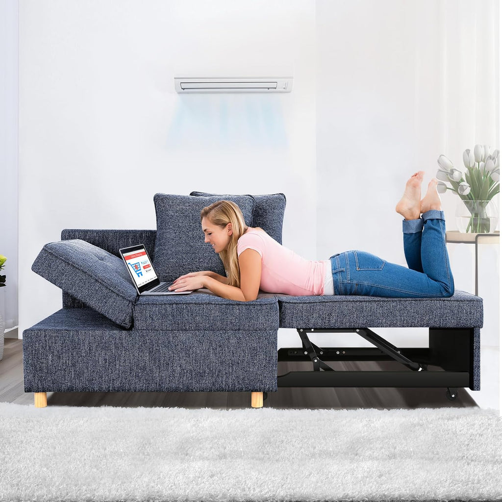 SEJOV Sofa Bed 4-in-1 Convertible Sofas & Couches, 3-Seat Linen Fabric loveseat Sofa with 2 Throw Pillow, Single Recliner for Small Space with 5 Adjustable Backrest, Blue