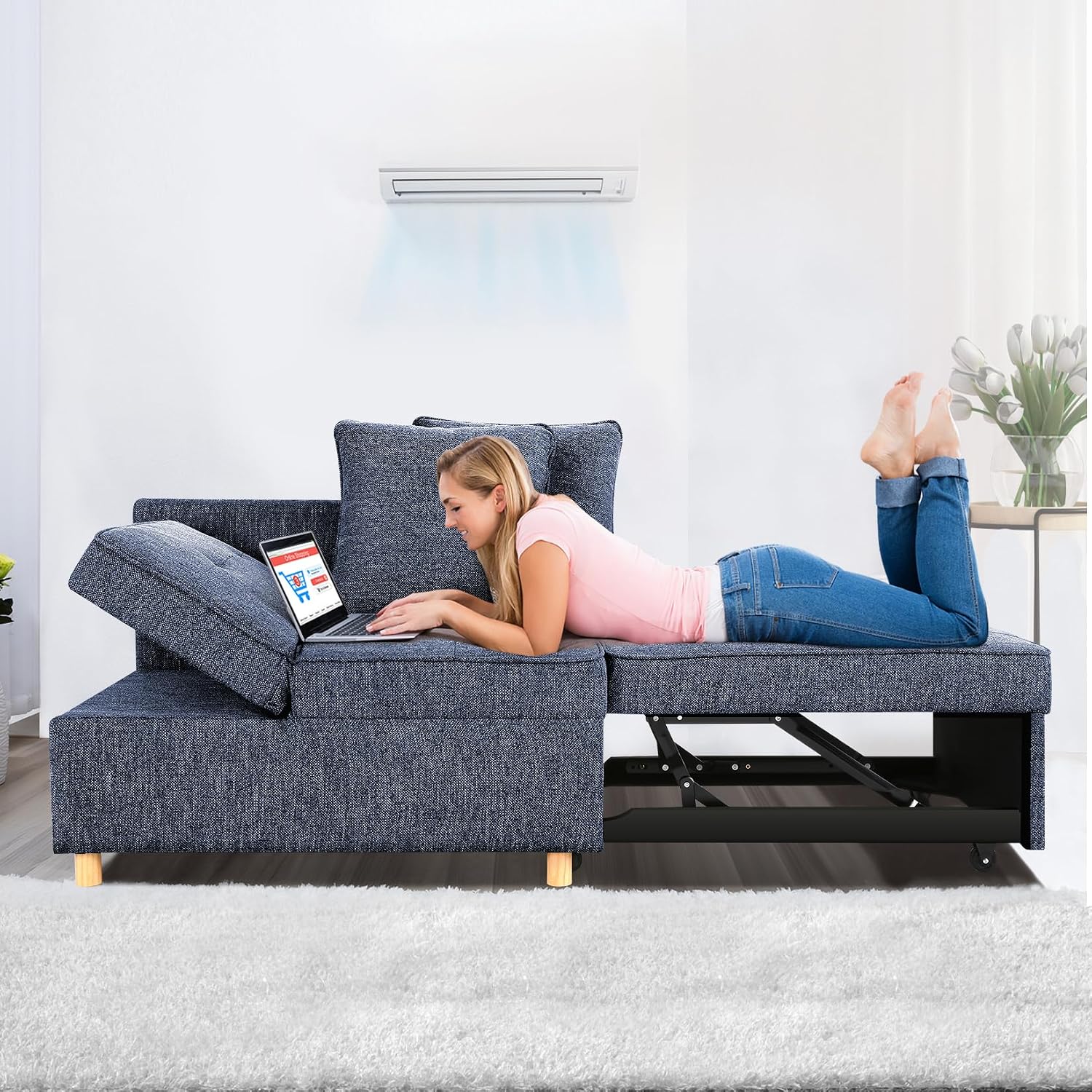 SEJOV Sofa Bed 4-in-1 Convertible Sofas & Couches, 3-Seat Linen Fabric loveseat Sofa with 2 Throw Pillow, Single Recliner for Small Space with 5 Adjustable Backrest, Blue
