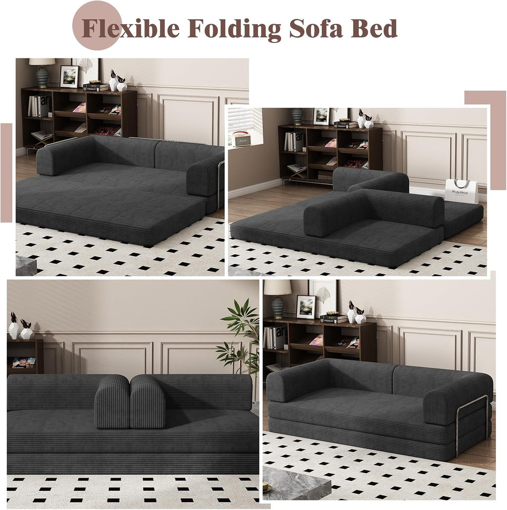 Convertible Corduroy Sleeper Sofa Bed,Folding Mattress Couch with Fixed-Shape Frame, 3 Seater Fold Out King Size Futon,No Assembly Floor Couch for Living Room Dorm Studio 78.7*39.4*29.6 in Black