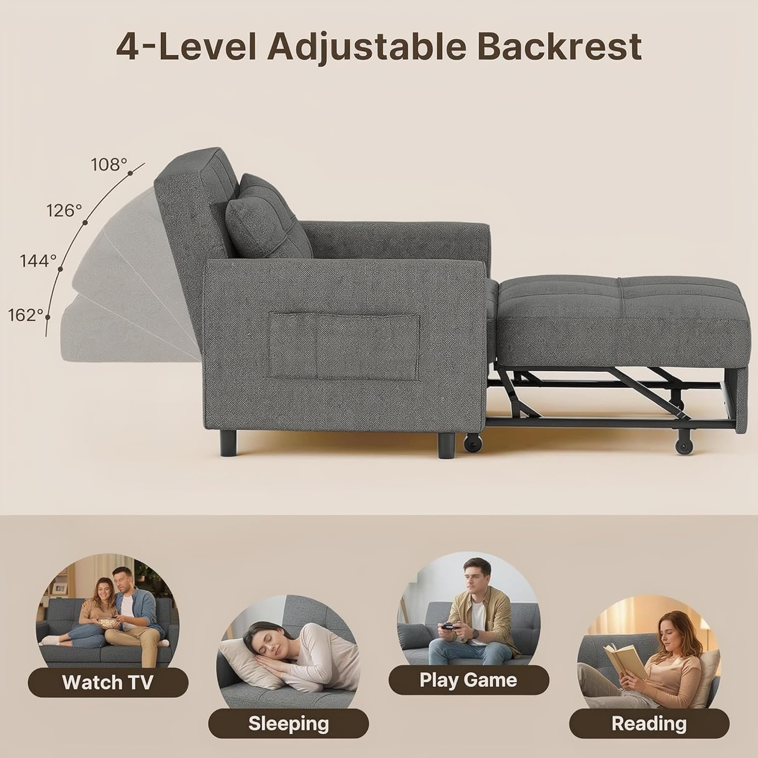 Gizoon Sofa Bed Chair 3 in 1 Convertible, Pullout Single Sleeper Chair Bed with Adjustable Backrest, Spacious Multifunctional Sofa Couches for Living Room, Bedroom, Apartment