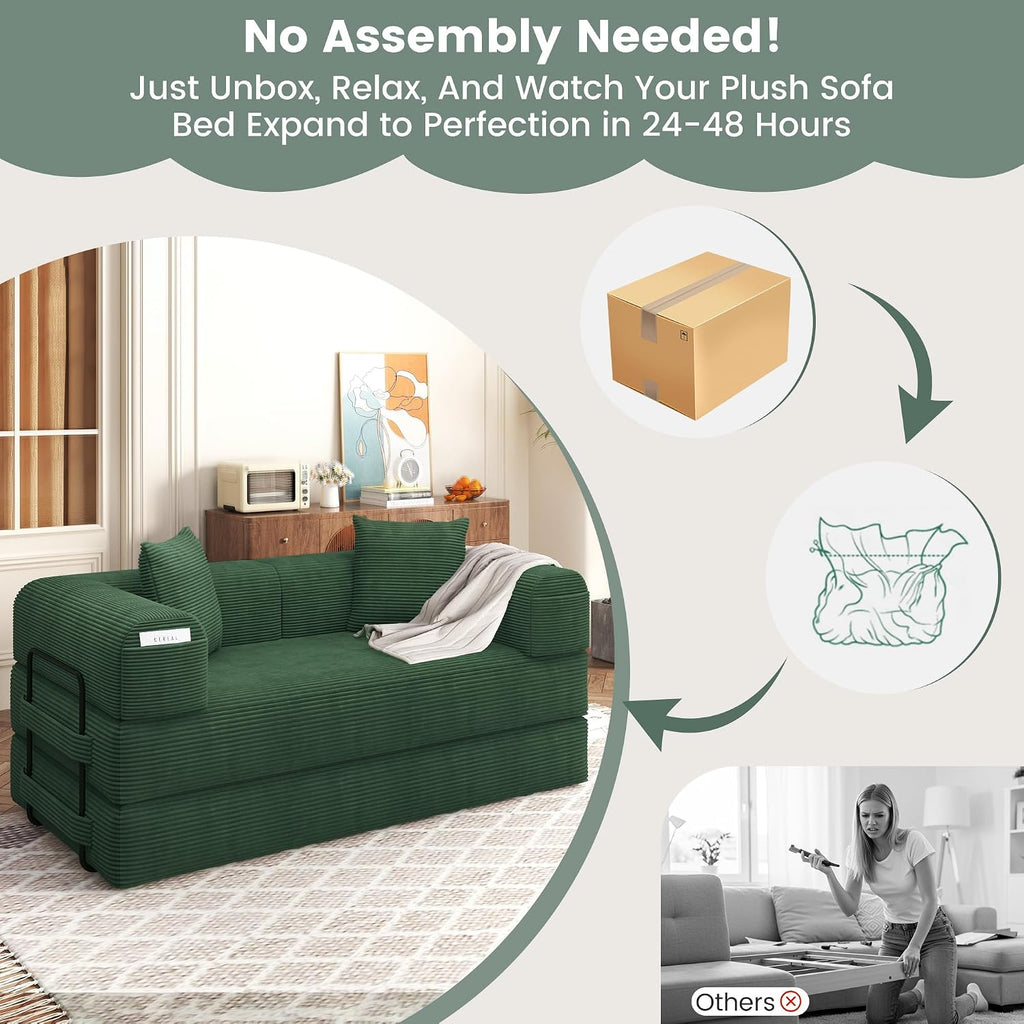 80' Convertible Sofa Bed, 5 in 1 Modular Boneless Couch Sleeper Sofa Bed with Fixed Frame & Removable Backrest Pillow, Washable Corduroy Futon Sofa Bed Couch in a Box for Small Spaces, Dark Green