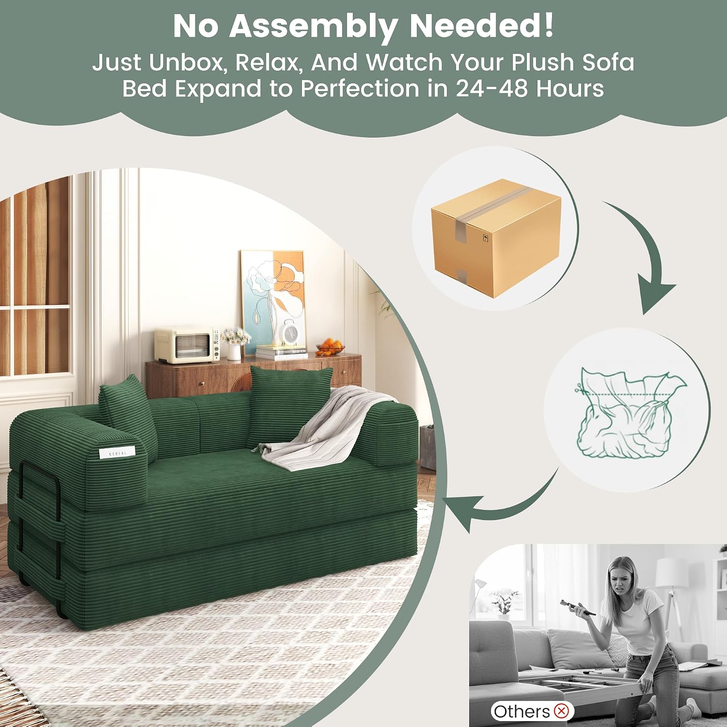 80' Convertible Sofa Bed, 5 in 1 Modular Boneless Couch Sleeper Sofa Bed with Fixed Frame & Removable Backrest Pillow, Washable Corduroy Futon Sofa Bed Couch in a Box for Small Spaces, Dark Green