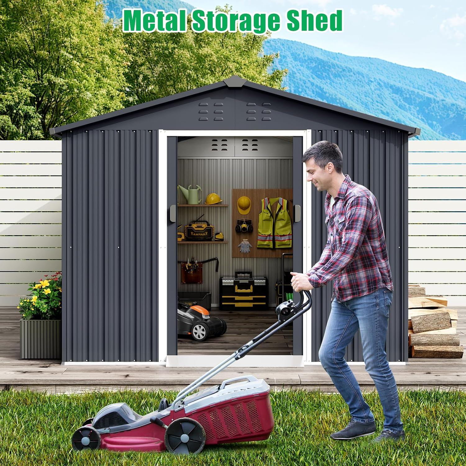 8x12 ft Outdoor Metal Storage Shed with Lockable Sliding Door & Sloping Roof, Galvanized Steel Frame Waterproof Garden Tool Shed for Backyard, Garden, Lawn - Ventilated Backyard Metal Sheds, Gray