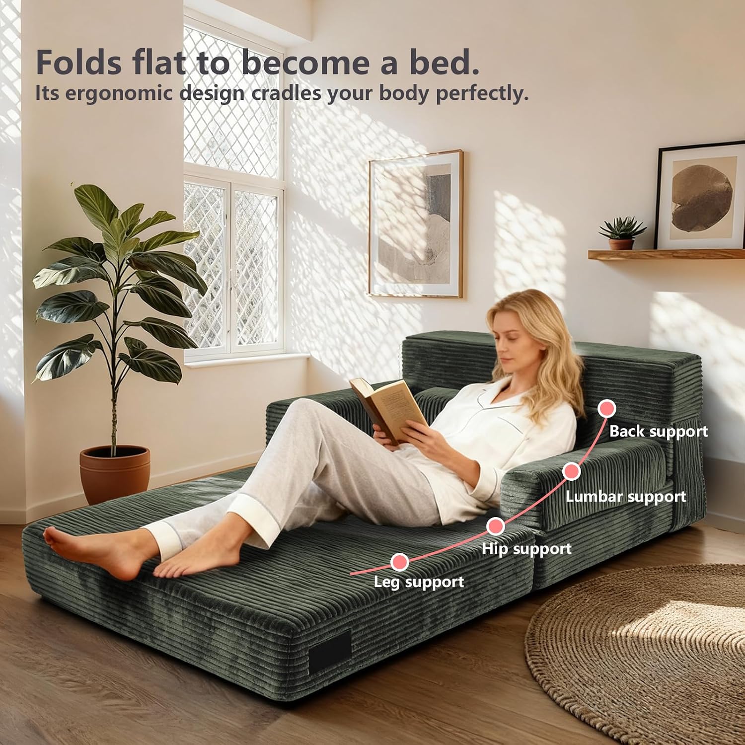 YEPDIN Folding Sofa Bed,Convertible Sofa Bed with Armrest Foldable Sleeper Chair, Portable Folding 4-in-1 Floor Sofa with Convertible Lounge Chair for Living Room,Bedroom,Washable Cover,Green Single