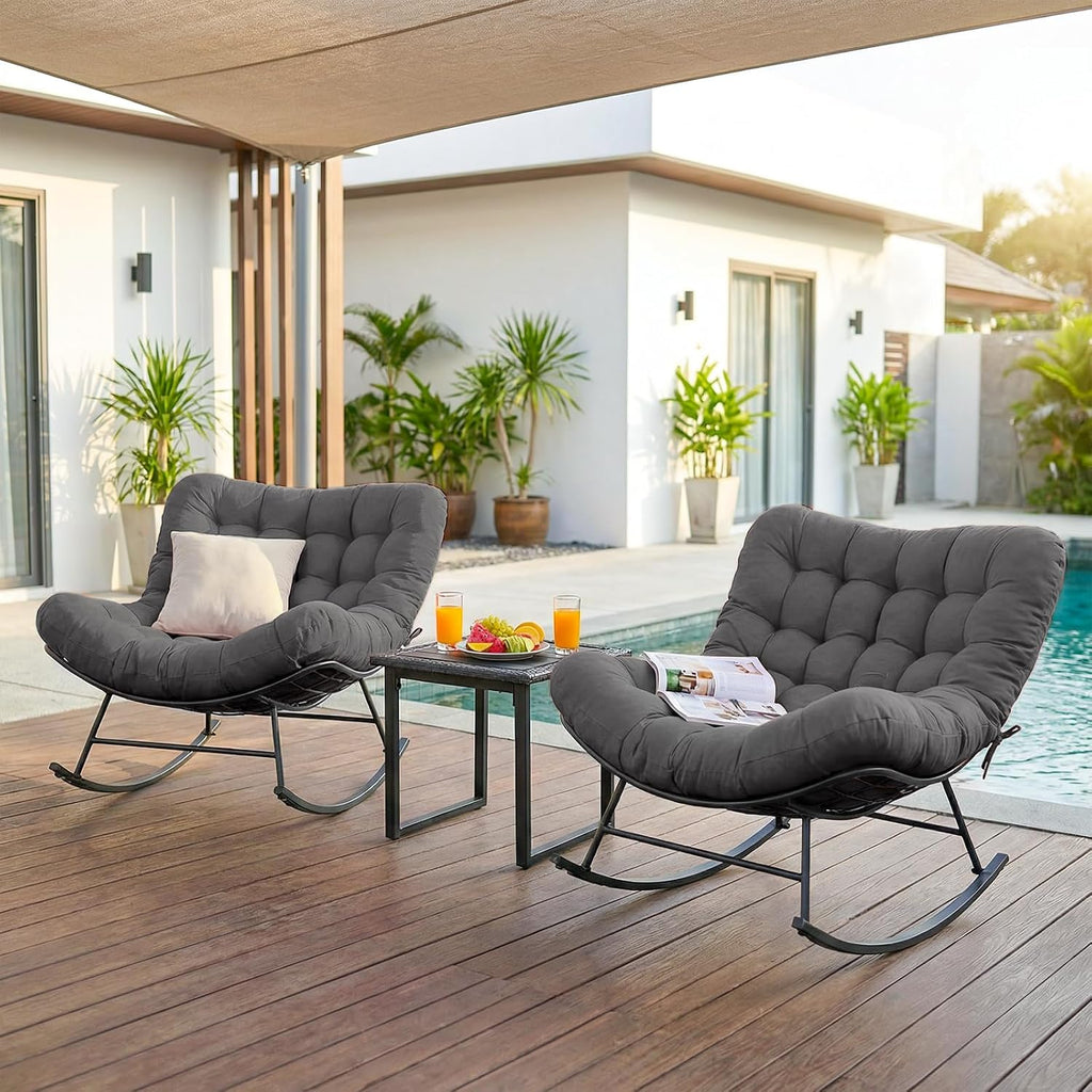 Oversized Outdoor Rocking Chairs Set of 2 with Wicker Side Table, Thick Cushioned Rocking Papasan Chair with End Table, 3PCS Oversized Egg Chair Set for Patio, Porch, Balcony, Grey