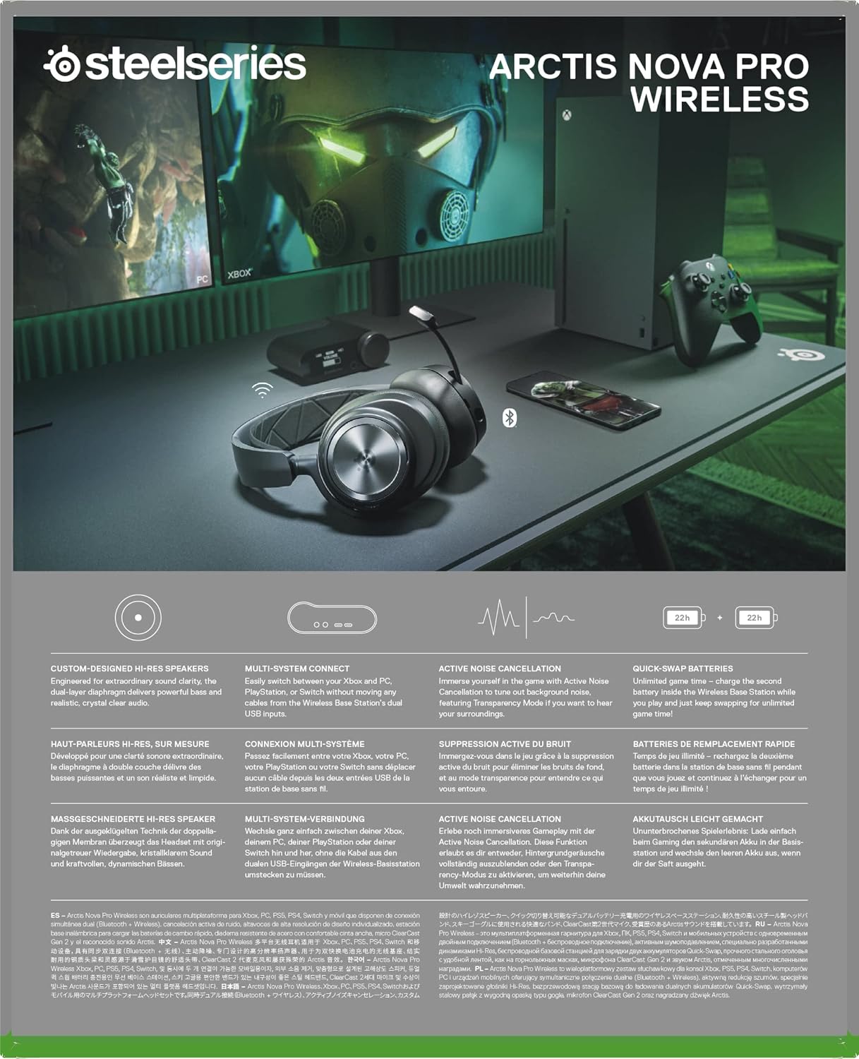 SteelSeries Arctis Nova Pro Wireless Xbox Multi-System Gaming Headset - Premium Hi-Fi Drivers - Active Noise Cancellation Infinity Power System - Stealth Mic - Xbox, PC, PS5, PS4, Switch, Mobile
