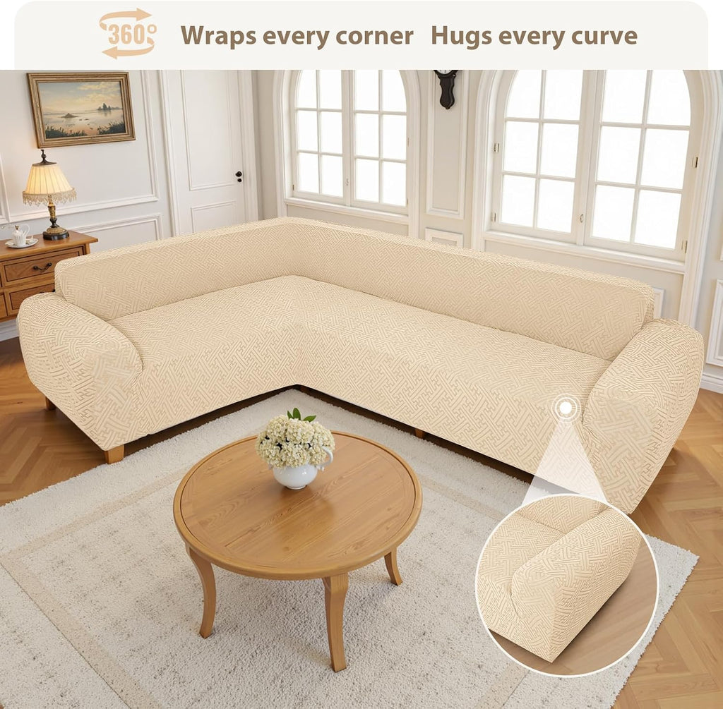 Sectional Couch Covers L Shape Sofa Cover 1-Piece Stretch Corner Couch Covers Non Slip Washable Sofa Slipcovers Soft Fleece Furniture Protector for Dogs Pet (X-Large, Beige)