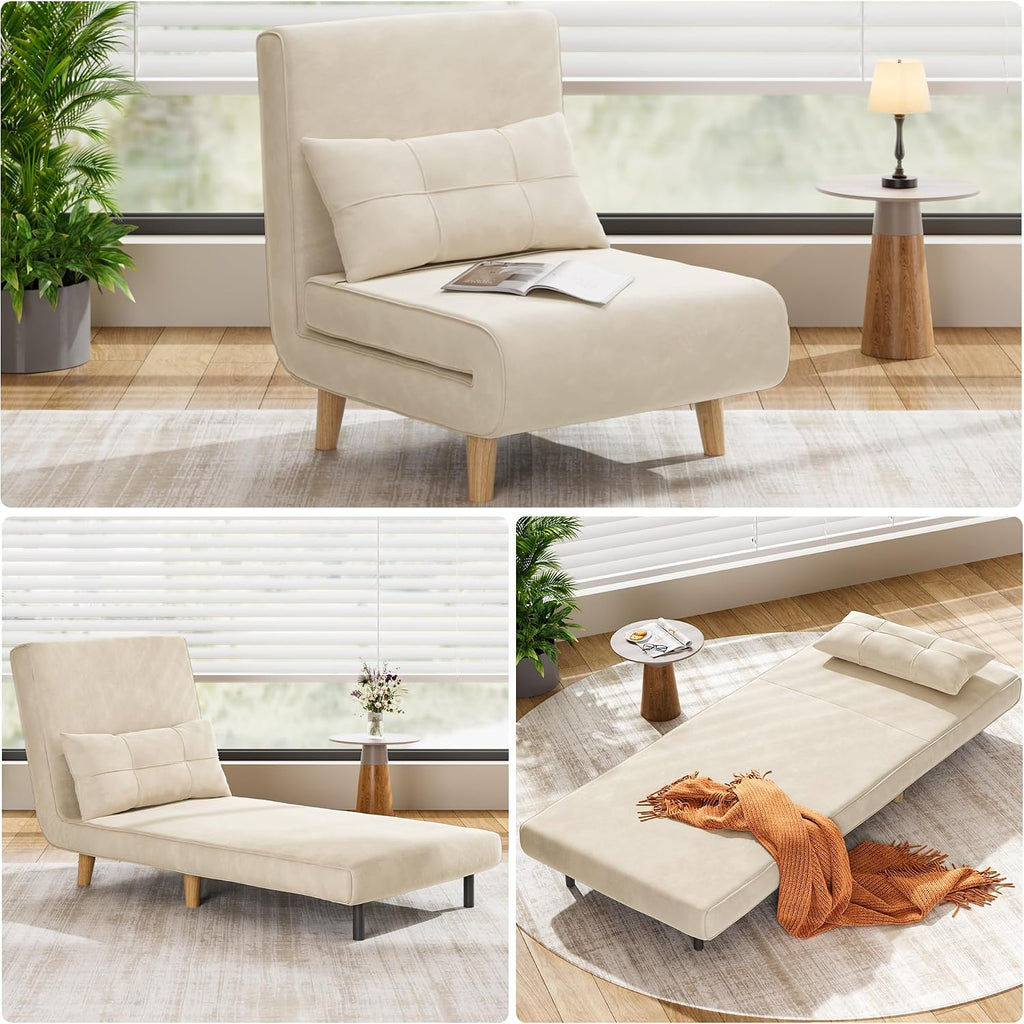 Aiho Futon Sofa Bed, 3-in-1 Convertible Sleeper Chair Bed, Futon Chair with 6-Level Adjustable Backrest and Pillow for Guest Room Apartment Dorm, Velvet Beige