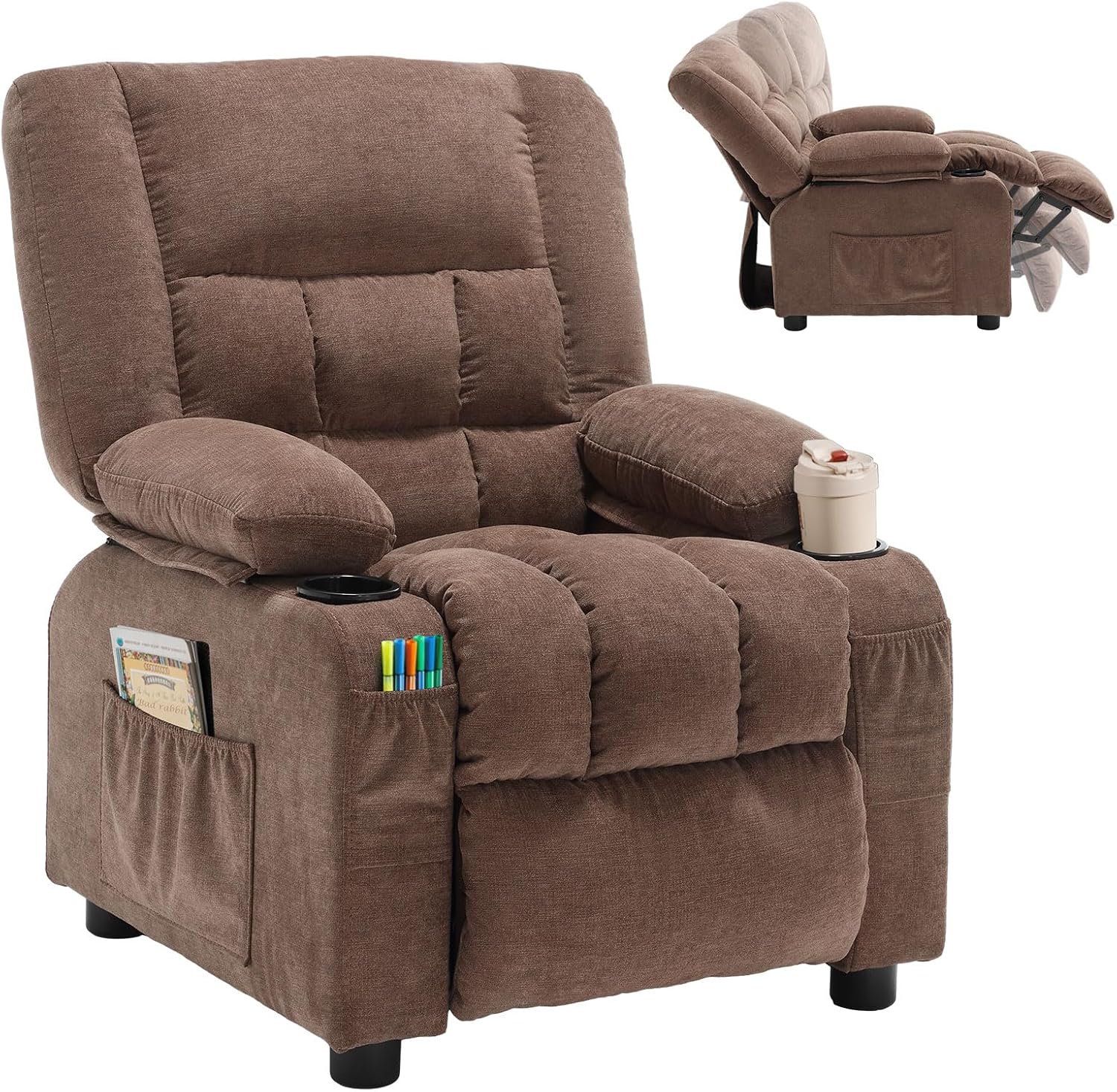 BOSMILLER Kids Recliner Chair， Push Back Toddler Recliner with Cup Holders & Side Pockets， Adjustable Footrest & Headrest Kids Sofa for Boys Girls 3+ Age Group