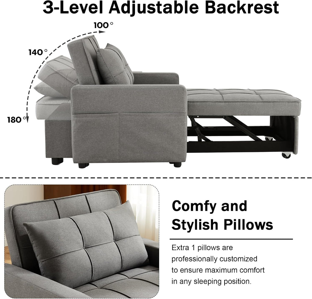 Yosonch Sofa Bed Chair Convertible ，Sleeper Sofa with Pull-Out Bed ，3-in-1 Futon Couch with Reclining Backrest and Side Pocket (Dark Grey, 35.6')