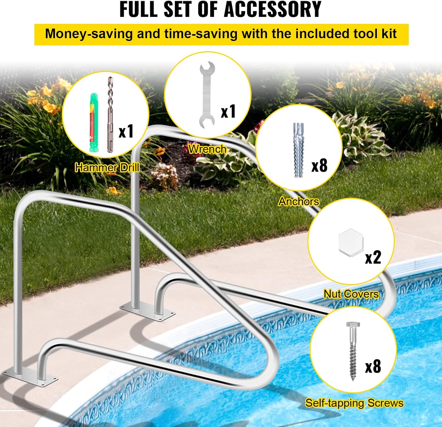 VEVOR Pool Handrail, 49.4' x 34' Stainless Steel Stair Rail, 375lbs Load Capacity, Quick Mount Base Plate, Complete Mounting Accessories