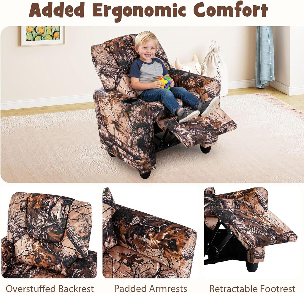 GLACER Kids Recliner with Cup Holder, Velvet Toddler Lounge Chair w/Adjustable Backrest & Footrest, Spring-Loaded Seat Cushion, Push Back Toddler Sofa for Boys & Girls Ages 3+ Years Old (Camouflage)