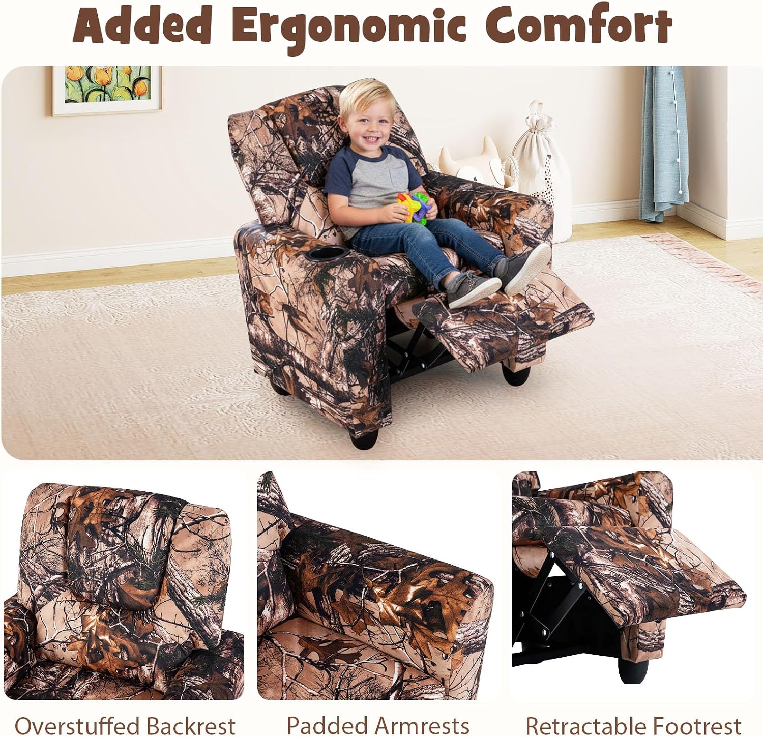 GLACER Kids Recliner with Cup Holder, Velvet Toddler Lounge Chair w/Adjustable Backrest & Footrest, Spring-Loaded Seat Cushion, Push Back Toddler Sofa for Boys & Girls Ages 3+ Years Old (Camouflage)