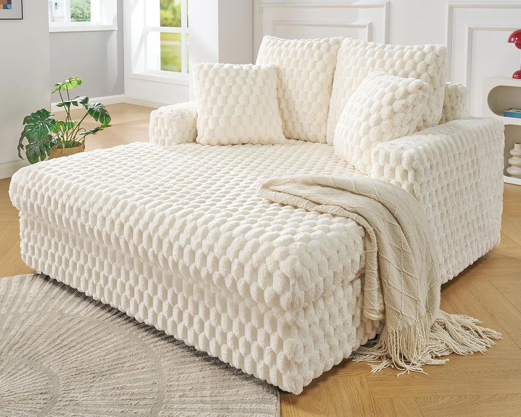 VanAcc 58-Inch Plush Sleeper Chair with Throw Pillows, Upholstered Chaise Lounge & Sofa Bed with Armrests for Living Room, Off-White