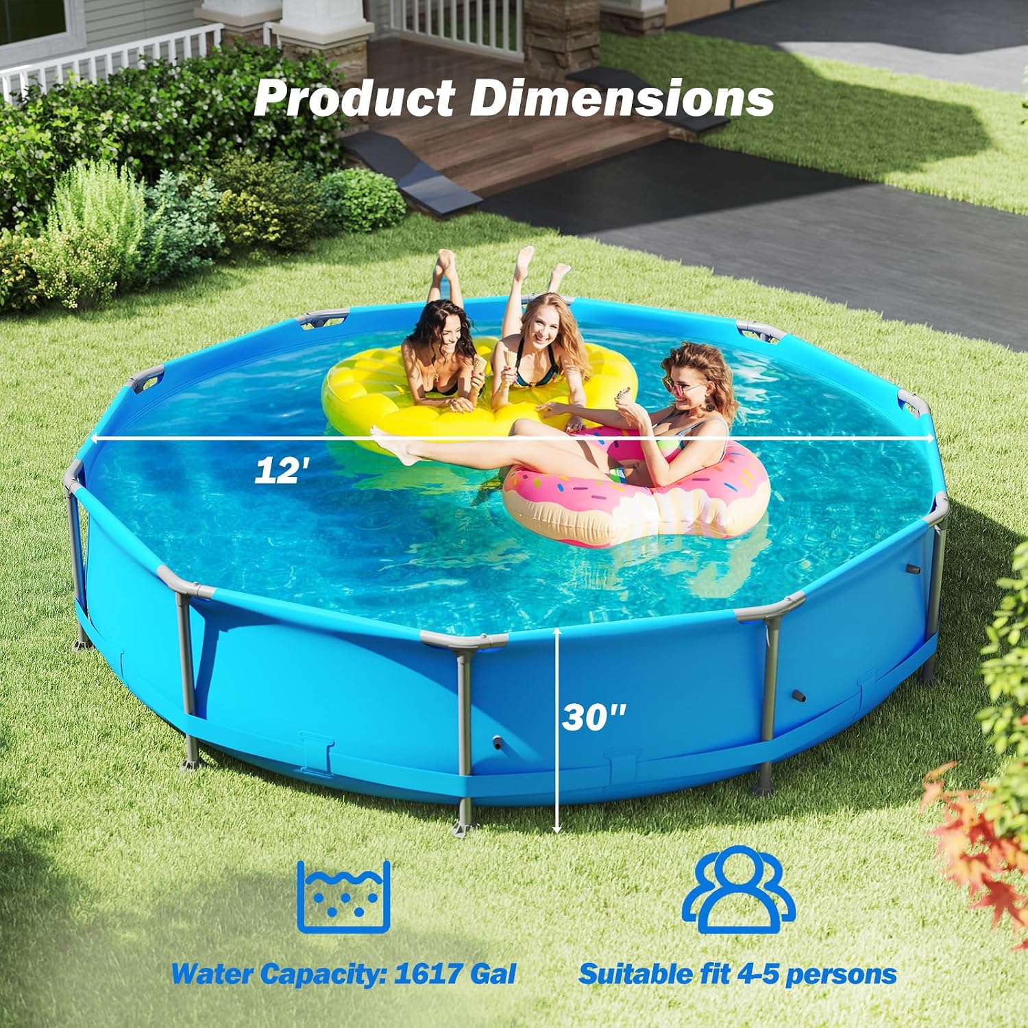 Goplus Above Ground Swimming Pool, Frame Family Pool Set w/Metal Frame, PVC Fabric, 3 Stoppers, Drainage Valve Connector, for Outdoor, Backyard, Garden, Patio (12' Round w/Solar Cover, 1617 Gal, Blue)