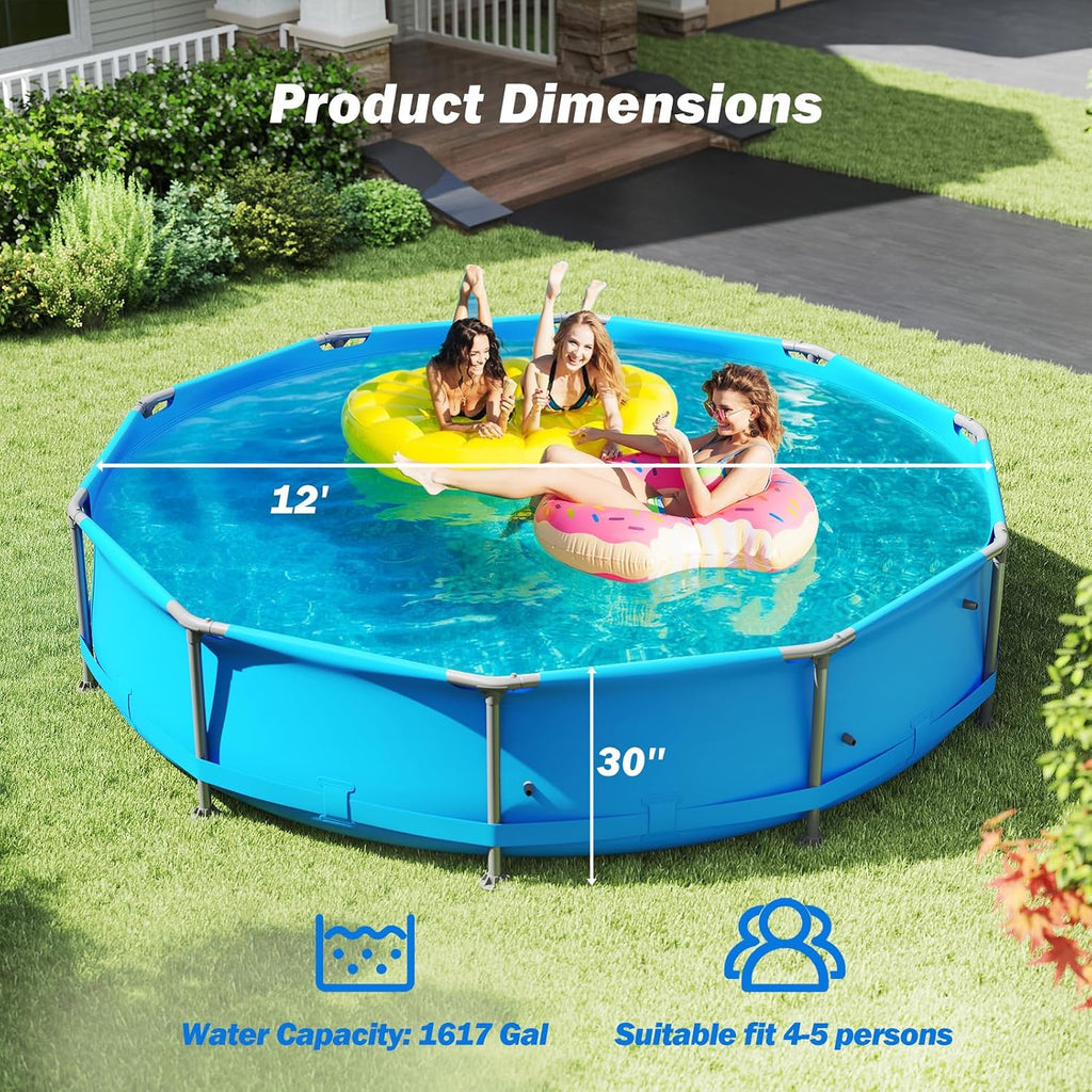 Goplus Above Ground Swimming Pool, 12' x 12' x 30'' Metal Frame Family Pool Set w/PVC Fabric, 3 Stoppers, Drainage Valve Connector, for Outdoor, Backyard, Garden, Patio (12' Round, 1617 Gal, Blue)