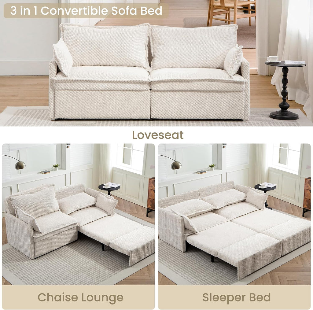 SUNWAVE 74' Pull Out Sofa Bed - Convertible Sleeper Sofa Bed, Corduroy Loveseat Pull Out Couch with USB Charging, Side Pockets for Living Room, Bedroom, Small Spaces (Cream, 74')