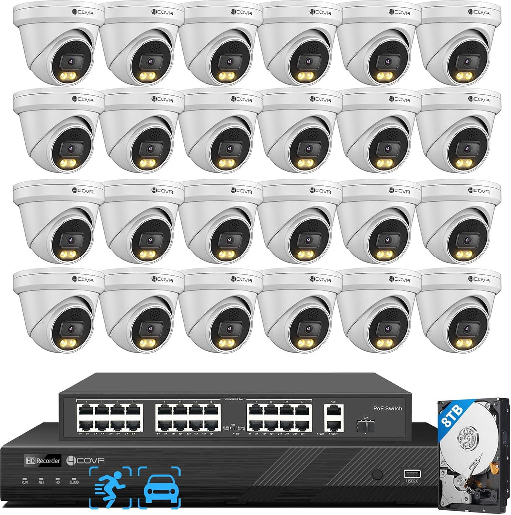 4COVR 32 Channel Security Camera System PoE 2-Way Talk & Dual Lights Smart Full Color Night Vision, AI Human Vehicle Detection, UHD NVR 8TB HDD, 24X 5MP Business Dome IP Camera IP67, LY97KA5M3224