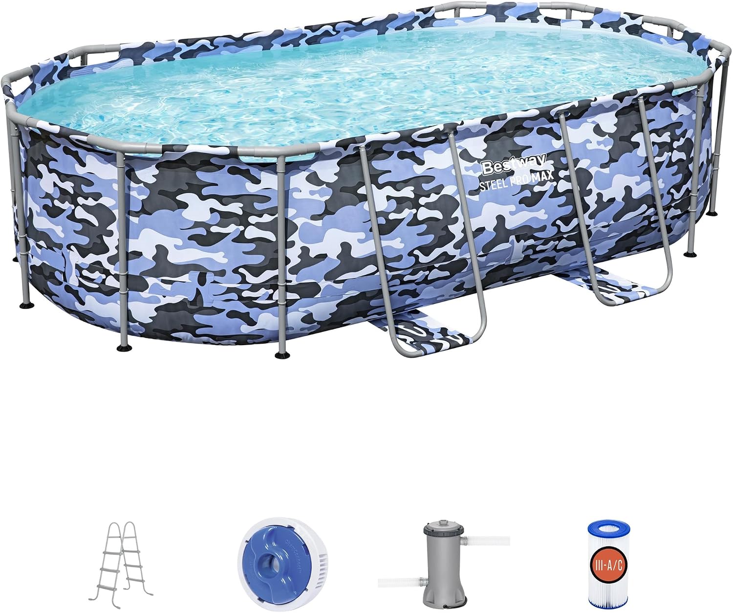Bestway: Steel Pro Max - Oval Swimming Pool Set - 14' x 8'2' x 39.5, Blue Camo - Above Ground, Tritech Construction, Filter Pump, Ladder, 1,915 Gal.