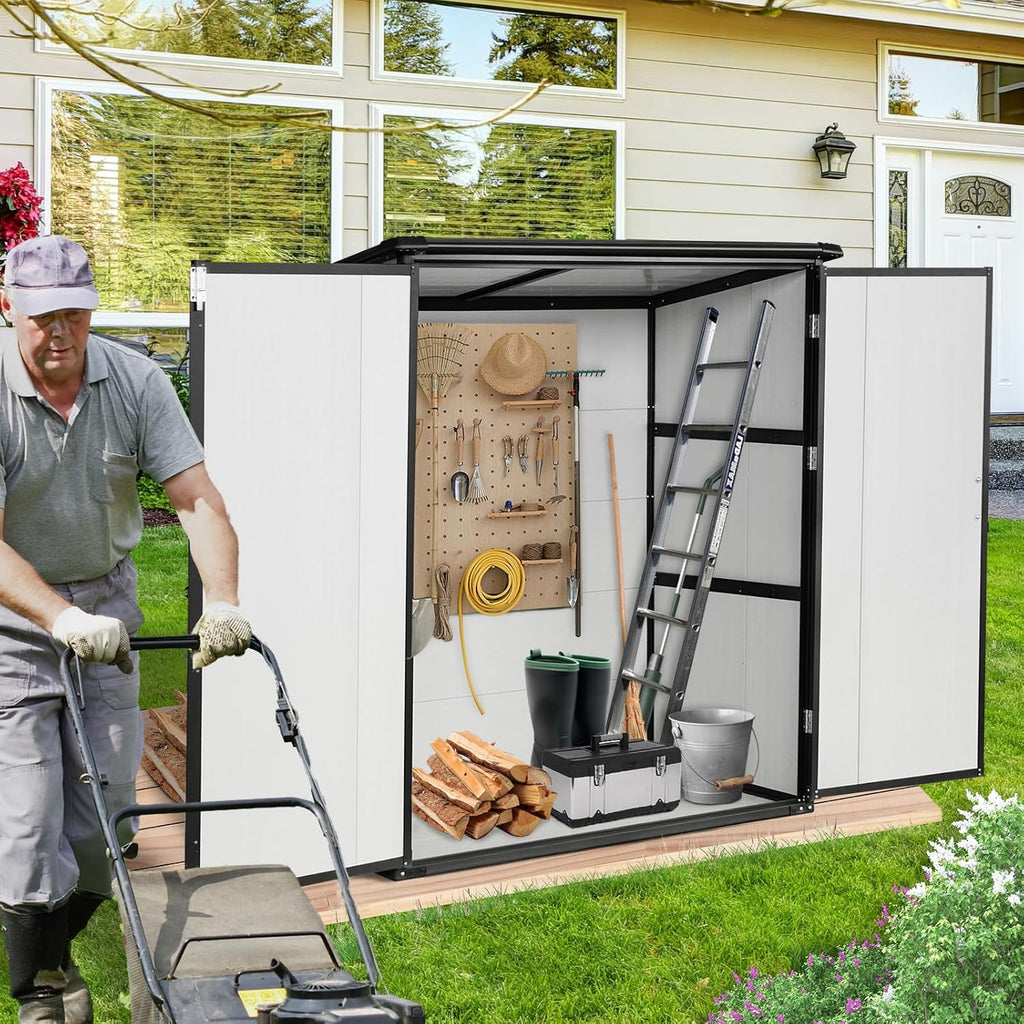5x3 FT Outdoor Storage Shed Waterproof Resin Cabinet with Lockable Doors Heavy Duty Metal Shed Tool Sheds for Garden Backyard Lawn Bikes Patio Furniture, Easy Assembly, Gray (Black)