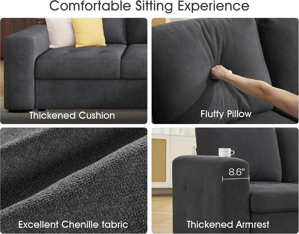 VanAcc 96' Sleeper Sofa, Sofa Bed Couch with Storage Chaise, Sleeper Couch with Pull Out Bed for Living Room(Grey)