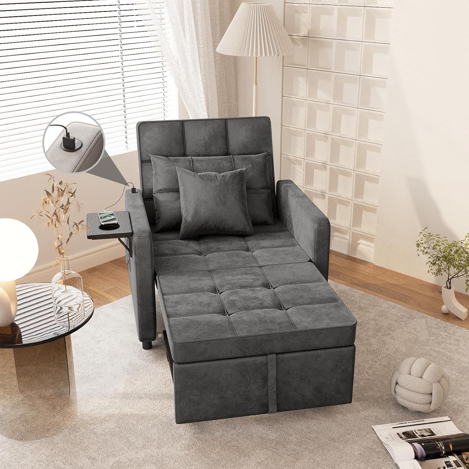 Vabches Sofa Bed Chair 3-in-1 Convertible, Sofa Bed Couches with Wing Table and USB Ports Outlet, Velvet Sleeper Chair with Adjustable Backrest and Two Pillows, Easy Assembly, Dark Grey