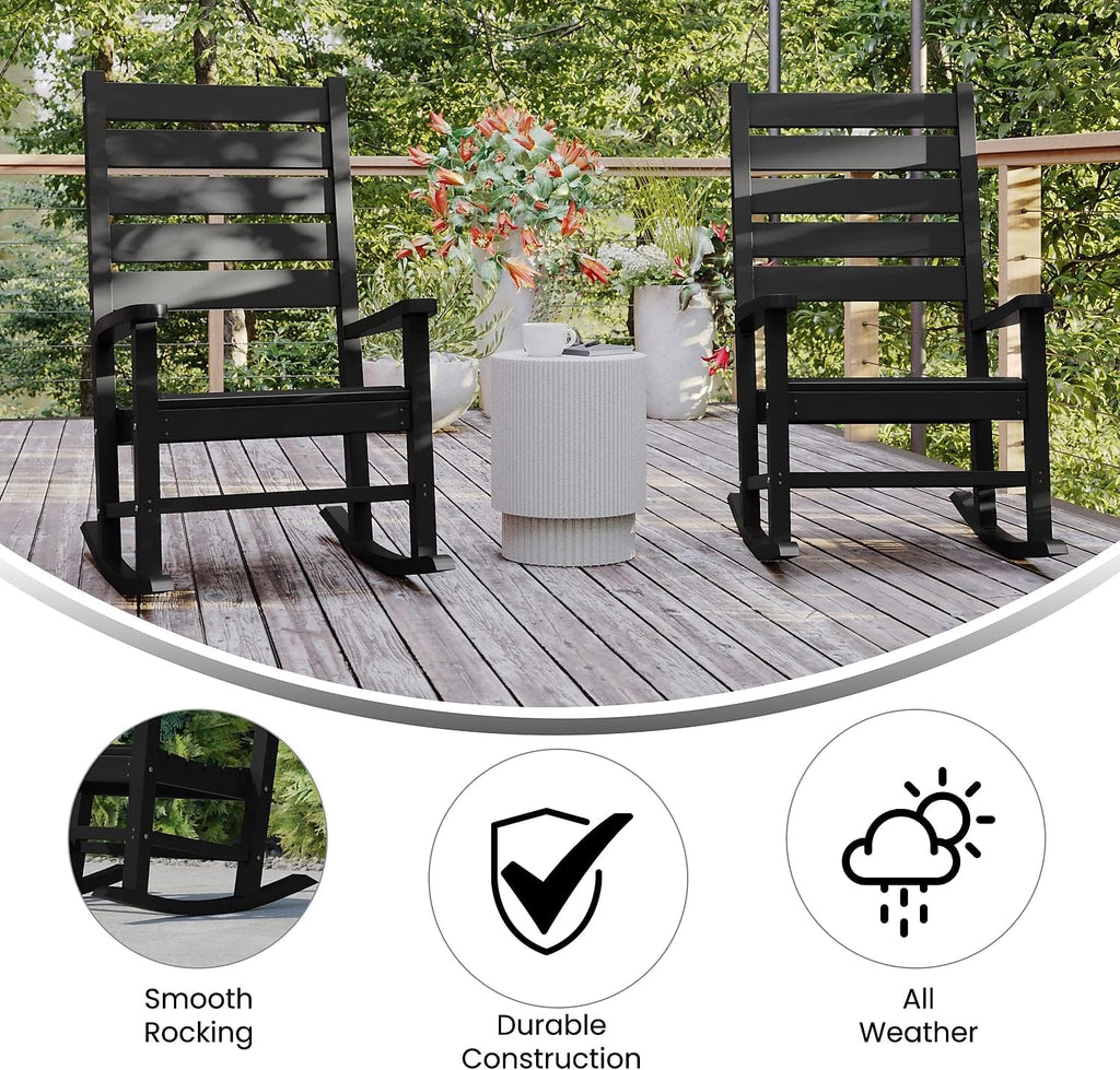 Flash Furniture Manchester Commercial Grade Outdoor Rocking Chair, All-Weather HDPE Indoor/Outdoor Rocker, Set of 2, Black