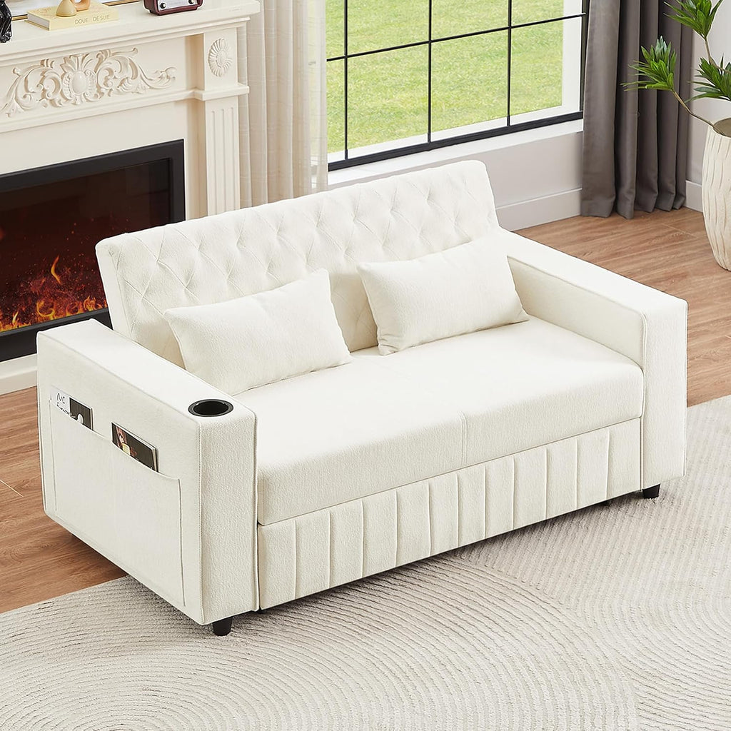 Merax Pull-Out Sleeper Sofa Bed with Reversible Backrest and Storage Shelves, 3 in 1 Foton Couch with USB Ports & Phone Holder, Chenille Loveseat with Pillows for Living Room, Beige