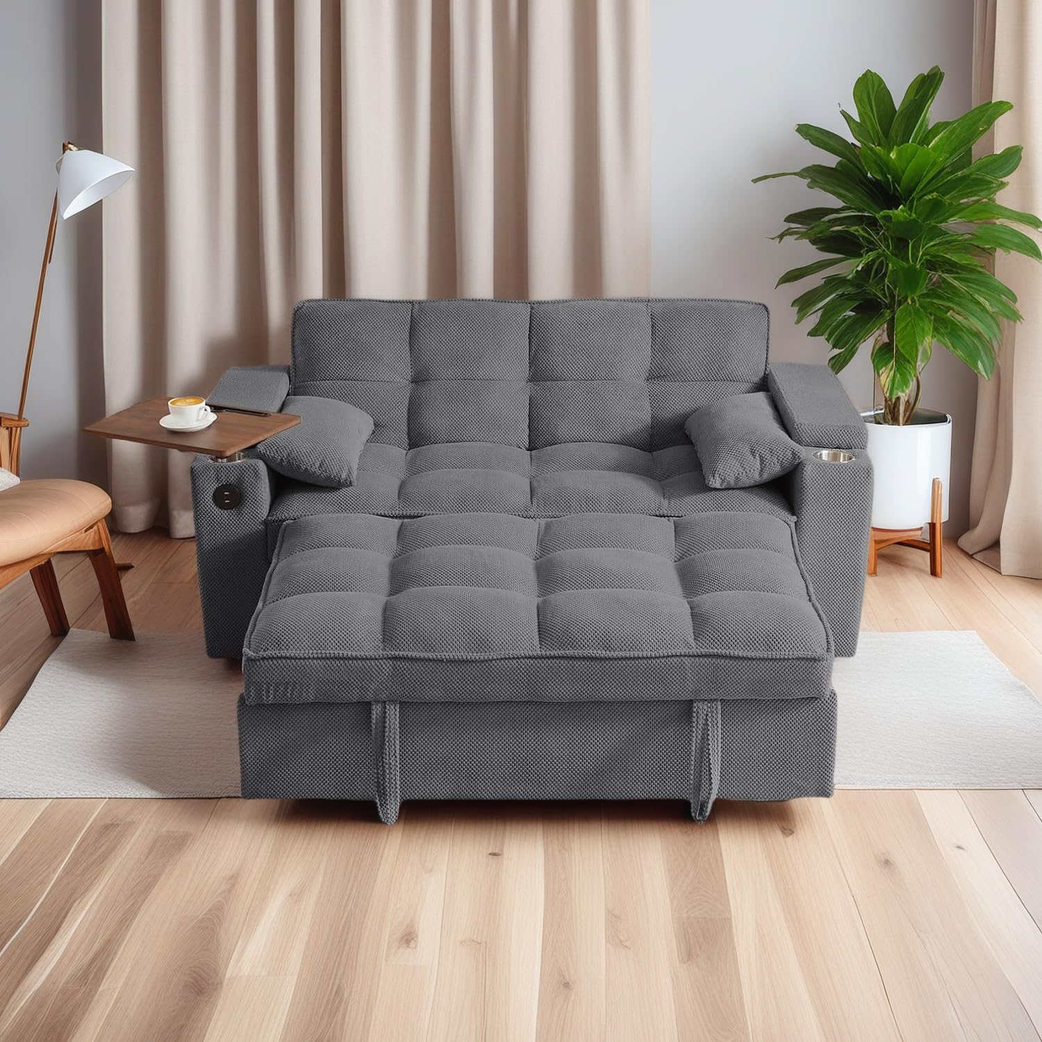 oaaktu ﻿ Large Size Convertible Sleeper Sofa Bed,Polka dot Velvet Pull Out Futon Couch with Storage handrails & Rotating Side Tables,Convertible Sofa Couch for Living Room,RV (Dark Grey)