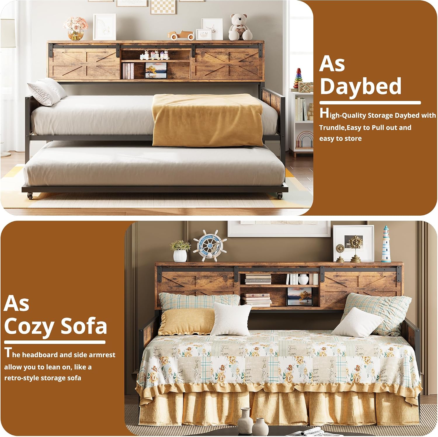LIKIMIO Daybed with Trundle Bed, Sofa Bed Twin with Charging Station, with Storage Headboard & Strong Support, for Living Room, Bedroom and Guest Room, Industrial Brown