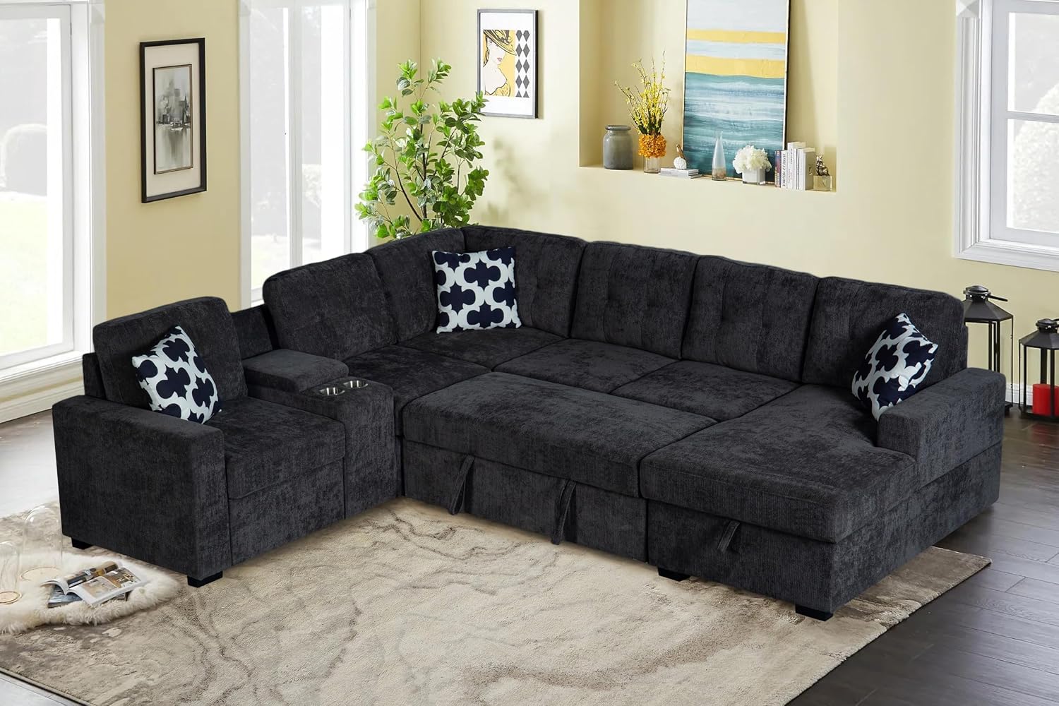 Ball & Cast L-Shape Convertible Sectional Sleeper Sofa Bed 2 in 1 Pull Out Couch with Storage Chaise & Cup Holders,6 Seat Chenille Upholstered Reversible Sleeper Corner Couch for Living Room,Dark Gray