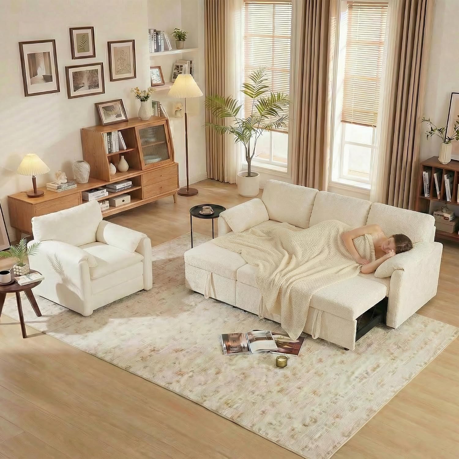 Tbfit Pull Out Sofa Bed with Chair, 3 in 1 Sleeper Sofa Couch with USB & Storage Chaise, Comfy Convertible Sleeper Sofas for Living Room, Small Spaces, White