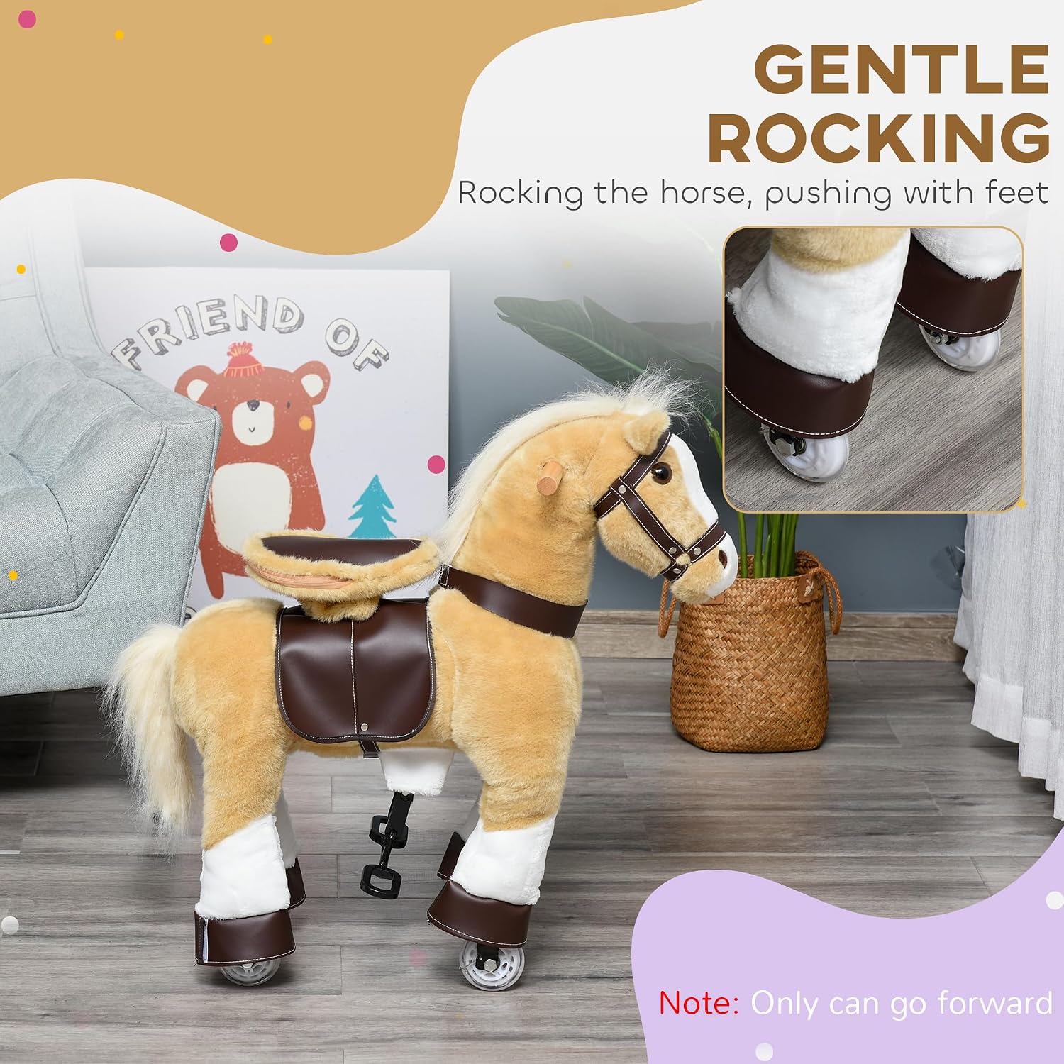 Qaba Ride on Horse, Plush Walking Horse Toy, Kids Riding Chair with Wheels for Kids 3-8 Years, Light Brown