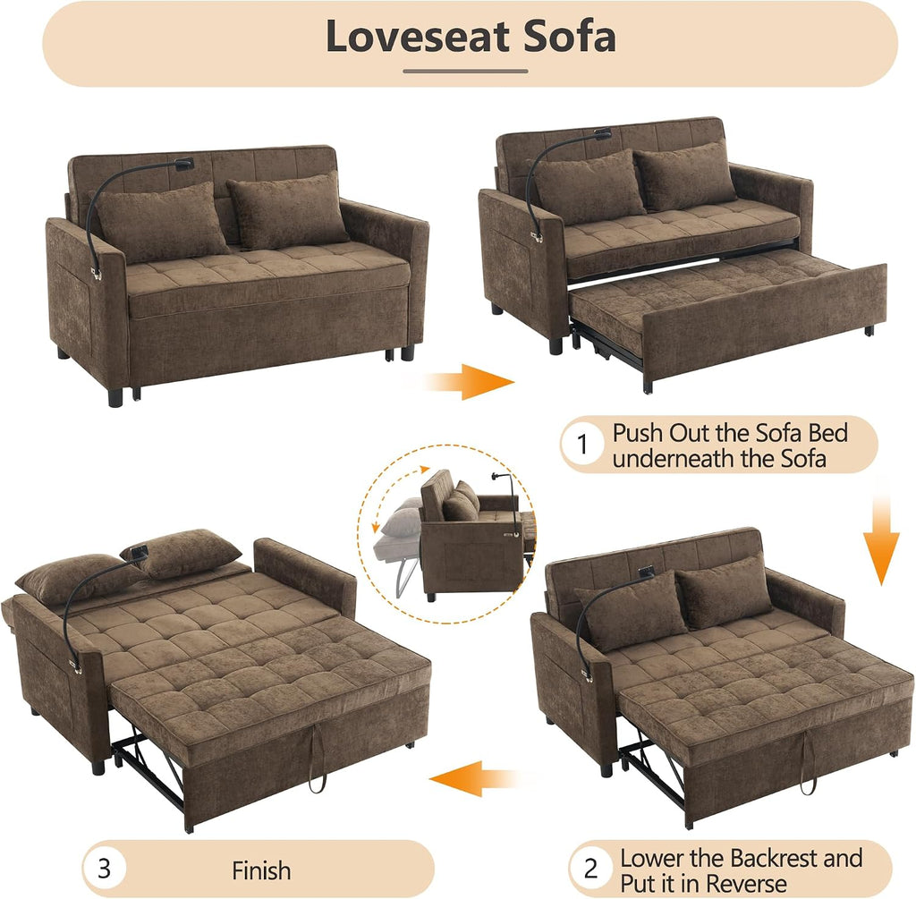 Merax 3 in 1 Convertible Sleeper Sofa Bed, Futon Couches for Living Room with USB Ports | Phone Holder| Reversible Backrest | Pull Out Couch |Small Loveseat, Brown