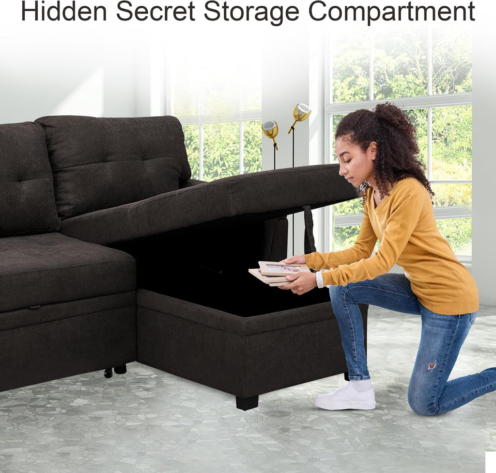 Naomi Home L Shaped Sectional Couch with Storage & Pull Out Bed – 3-in-1 Convertible Sleeper Sofa Bed, Small L Shape Sofa for Living Room, Sofa Bed with Storage Chaise in Espresso, Velvet
