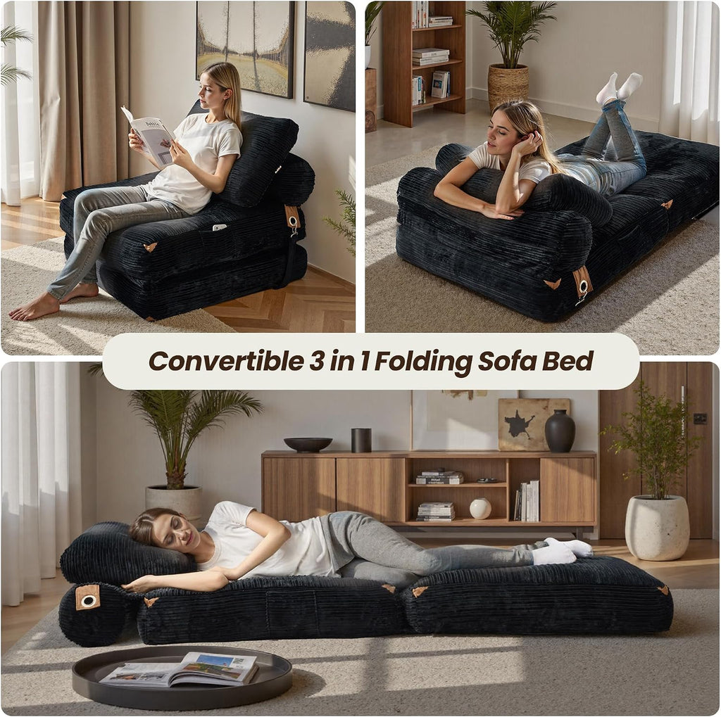 ovios Folding Sofa Bed, Foldable Sleeper Chair Floor Futon, Comfy Portable Convertible Fold Out Lounge Chairs for Living Room Bedroom, Black