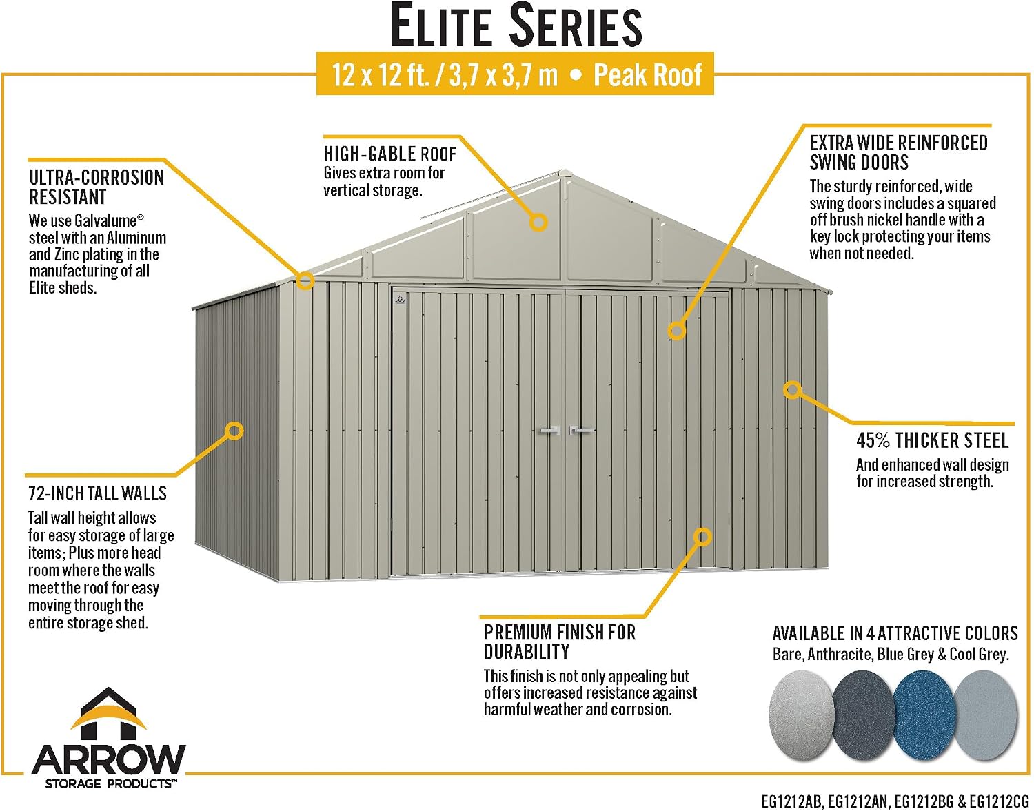 Arrow Shed Elite 12' x 12' Tall Outdoor Steel Storage Shed with High Gable and Lockable Doors Storage Building, Blue Grey