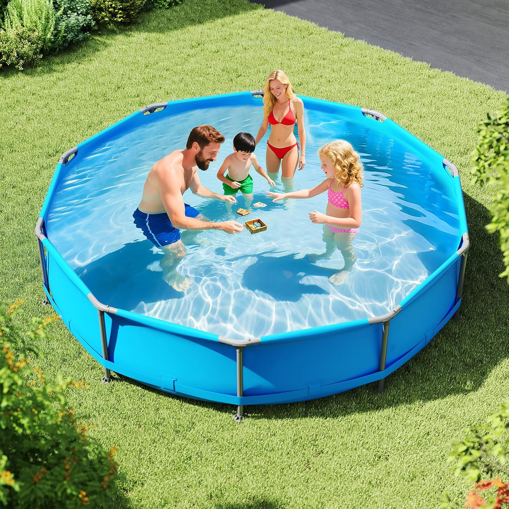 Goplus Above Ground Swimming Pool, 12' x 12' x 30'' Metal Frame Family Pool Set w/PVC Fabric, 3 Stoppers, Drainage Valve Connector, for Outdoor, Backyard, Garden, Patio (12' Round, 1617 Gal, Blue)
