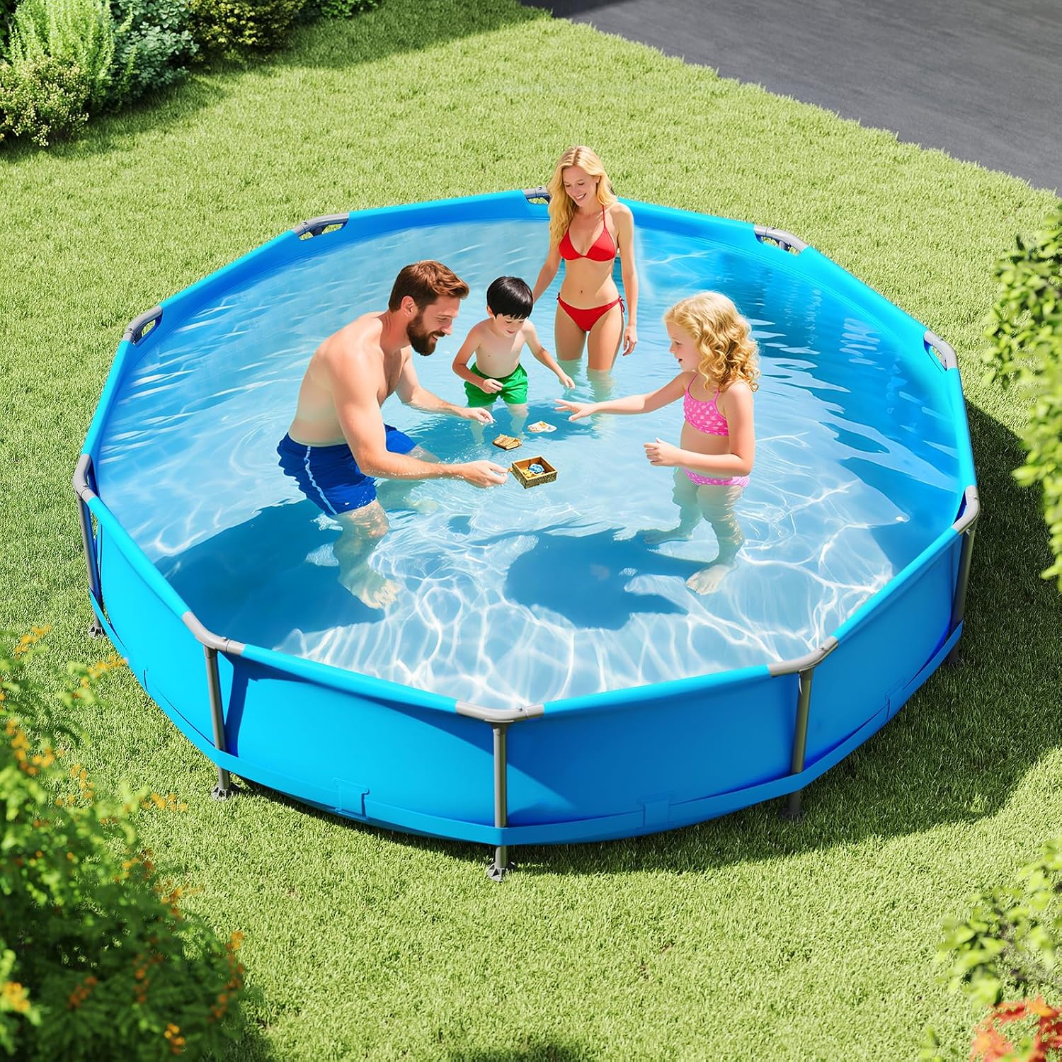 Goplus Above Ground Swimming Pool, 12' x 12' x 30'' Metal Frame Family Pool Set w/PVC Fabric, 3 Stoppers, Drainage Valve Connector, for Outdoor, Backyard, Garden, Patio (12' Round, 1617 Gal, Blue)