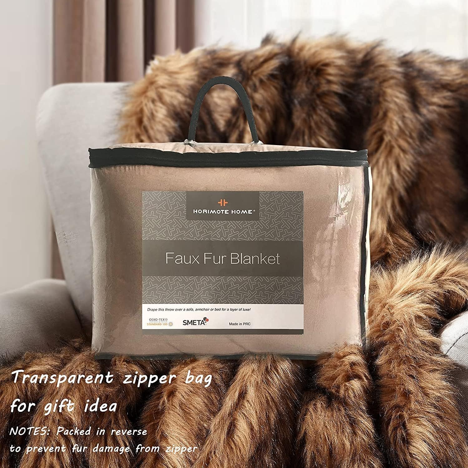 Luxury Plush Faux Fur Blanket King Size, Long Pile Brown with Black Tipped Throws, Oversized Super Warm, Fuzzy, Elegant, Fluffy Decoration Throw Blanket for Sofa, Armchair, Couch and Bed, 104'x90'