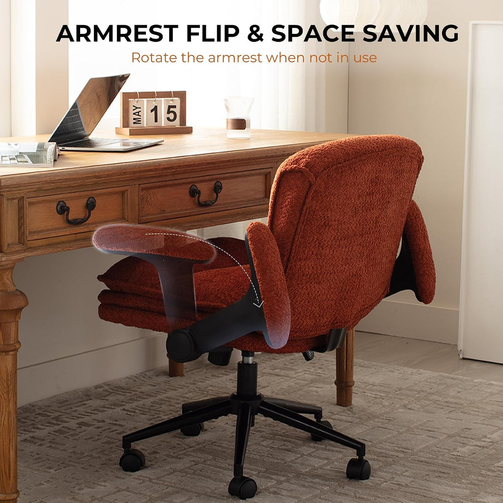 Dowinx Criss Cross Chair with Adjustable Flip-up Arms and Wheels, Comfort Ergonomic Office Desk Armchair with 3 Layer Cushions, Wide Seat Vanity Chair for Home Office, Living Room, Bedroom, Orange