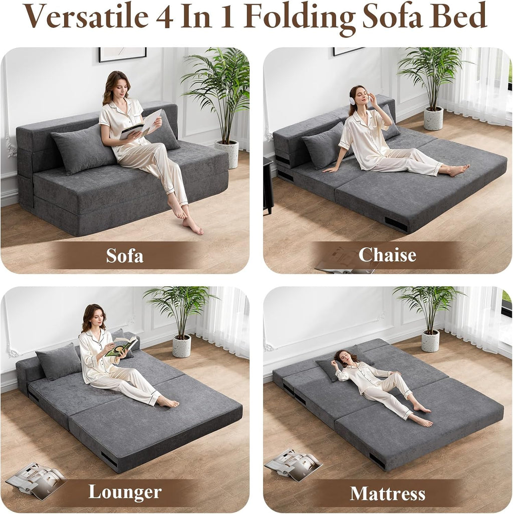 HOMFINE Folding Sofa Bed - Convertible Sleeper Chair with Pillow, Fold Out Couch, Memory Foam Floor Mattress, Futon Couch, Lazy Sofa for Living Room/Dorm/Guest Room/Home Office, Grey, Queen Size