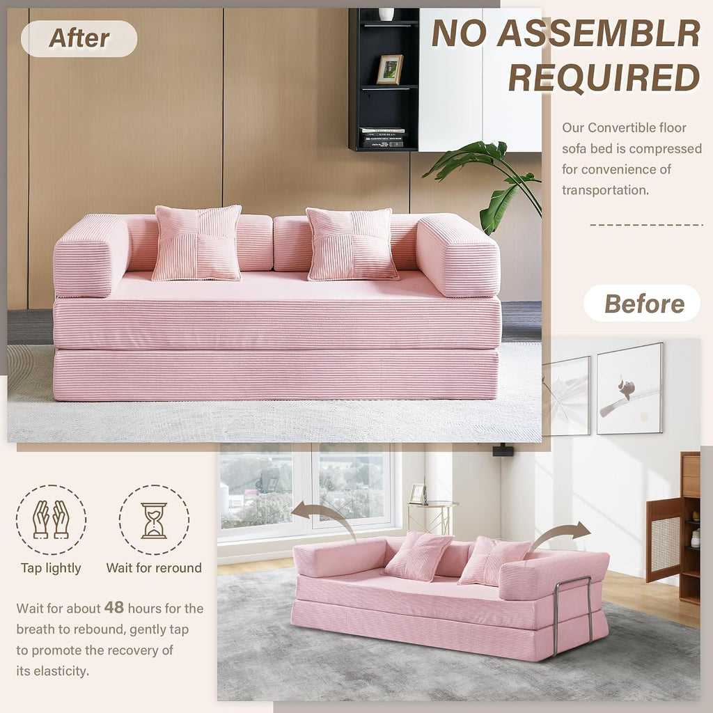 YINIX Foldable Sofa Bed, 78'' Folding Floor Couch, Compressed Convertable Sleeper Sofa, Memory Foam Couch with Pillow Back Support Armrest, 4-in-1 Futon Sofa Bed for Living Room, Pink
